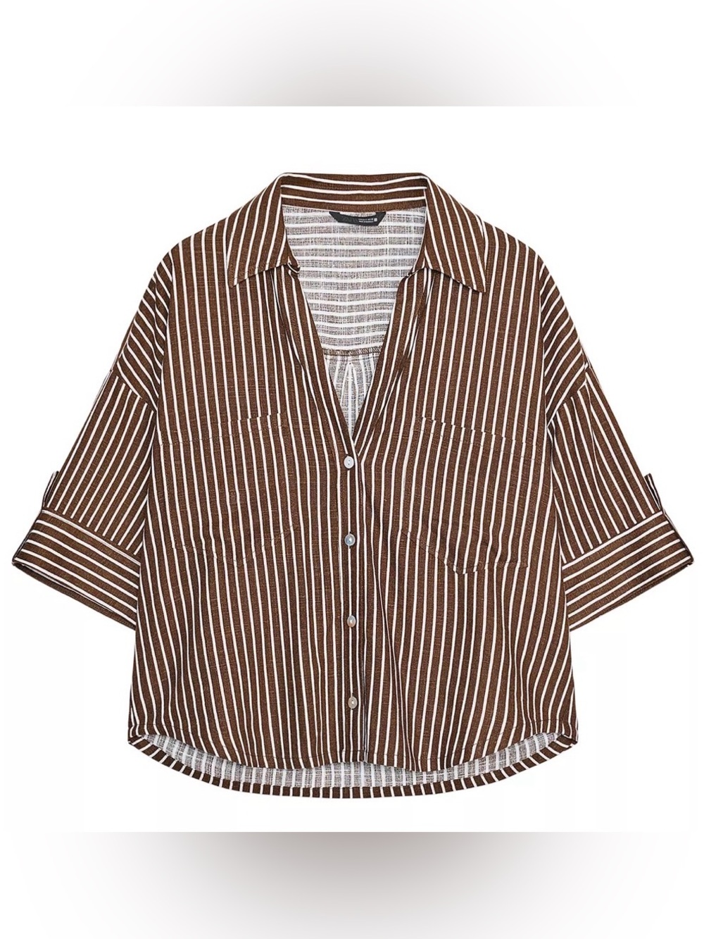 Zara Brown and White Striped Relaxed Button-Down Shirt